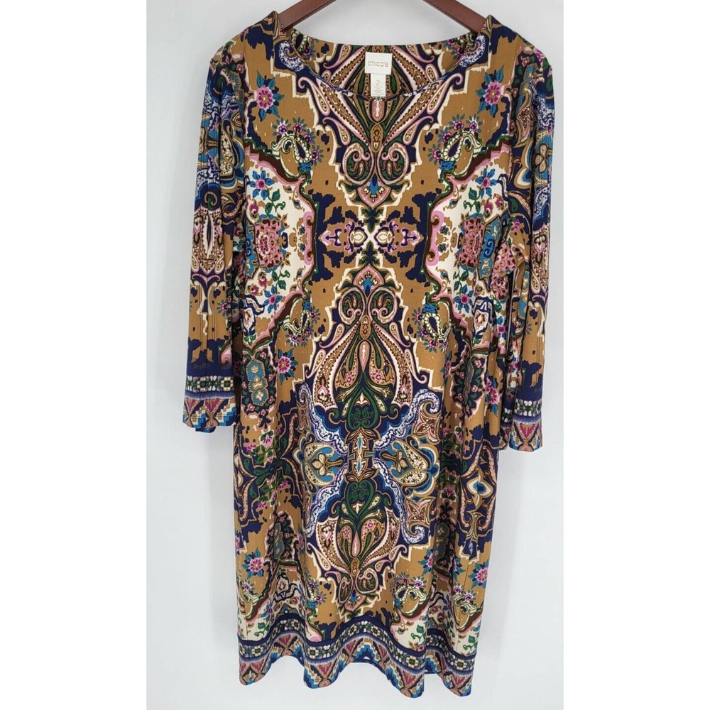 Chico's Victorian Kalidoscope Fall Gold Dress Long Sleeve Women's L (Vanity 2)